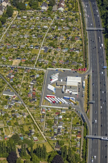 Aerial view, Shell petrol station, Vietingstraße, truck parking, motorway A40, allotment garden site Centrum Morgensonne, KGV am Dückerweg, Bochum-Wattenscheid, Ruhr area, North Rhine-Westphalia, Germany, DE, Europe, shapes and colours, community garden, freight transport, freight traffic, KGV, allotment garden, allotment garden site, allotment garden association, allotment gardener association, aerial view, aerial photography, aerial photography, car parks, passenger traffic, allotment garden, road traffic, petrol station, overview, traffic volume, bird's-eye view, overview, nature and road traffic, traffic infrastructure, Ruhr expressway