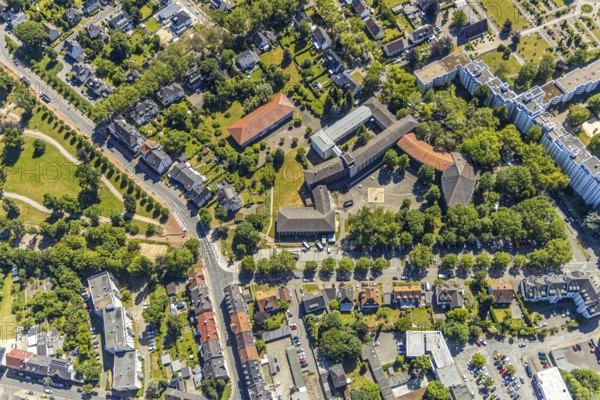 Aerial view, civic hall Wattenscheid, Märkische Schule Wattenscheid, Bochum-Wattenscheid, Ruhr area, North Rhine-Westphalia, Germany, education, educational institution, DE, Europe, culture, art, educational institute, aerial view, aerial photography, aerial photography, Saarlandstraße, school, overview, events, venue, event location, bird's eye view, birds-eyes view, cultural use, overview