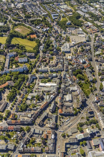 Aerial view, city centre view, pedestrian street Oststraße, Hochstraße, Friedenskirche, sports ground Berliner Straße, Bochum-Wattenscheid, Ruhr area, North Rhine-Westphalia, Germany, City, DE, shopping mile, shopping place, shopping street, Europe, specialist stores, pedestrian zone, city centre, church St. Gertrud von Brabant, aerial view, aerial photography, aerial photography, location view, shopping, townscape, city centre, overview, bird's eye view, birds-eyes view, overview
