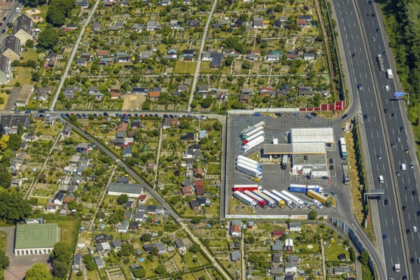 Aerial view, Shell petrol station, Vietingstraße, truck parking, motorway A40, allotment garden site Centrum Morgensonne, KGV am Dückerweg, Bochum-Wattenscheid, Ruhr area, North Rhine-Westphalia, Germany, DE, Europe, shapes and colours, community garden, freight transport, freight traffic, KGV, allotment garden, allotment garden site, allotment garden association, allotment gardener association, aerial view, aerial photography, aerial photography, car parks, passenger traffic, allotment garden, road traffic, petrol station, overview, traffic volume, bird's-eye view, overview, nature and road traffic, traffic infrastructure, Ruhr expressway