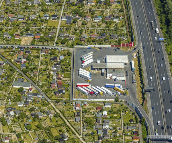 Aerial view, Shell petrol station, Vietingstraße, truck parking, motorway A40, allotment garden site Centrum Morgensonne, KGV am Dückerweg, Bochum-Wattenscheid, Ruhr area, North Rhine-Westphalia, Germany, DE, Europe, shapes and colours, community garden, freight transport, freight traffic, KGV, allotment garden, allotment garden site, allotment garden association, allotment gardener association, aerial view, aerial photography, aerial photography, car parks, passenger traffic, allotment garden, road traffic, petrol station, overview, traffic volume, bird's-eye view, overview, nature and road traffic, traffic infrastructure, Ruhr expressway