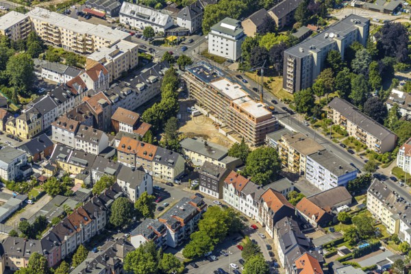 Aerial view, construction site, new building, residential complex Marienstraße, Bochum-Wattenscheid, Ruhr area, North Rhine-Westphalia, Germany, construction work, construction area, construction site, building plots, construction project, construction site, DE, Europe, property tax, real estate, aerial photograph, aerial photography, aerial photography, new building, overview, bird's eye view, residential complex, living and living, residential area, residential buildings, residential quality, residential neighbourhood, housing estate, birds-eyes view, overview