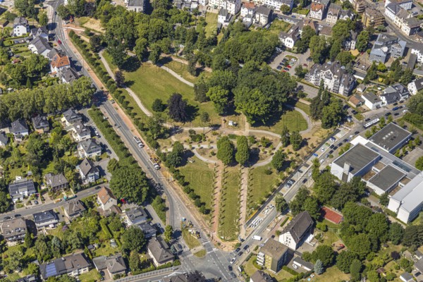 Aerial view, renovation of the park at the memorial, Bochum-Wattenscheid, Ruhr area, North Rhine-Westphalia, Germany, building, DE, monument protection, Europe, green area, green belt, aerial view, aerial photography, aerial photography, park, park area, park area memorial, sight, overview, bird's eye view, old trees, birds-eyes view, overview