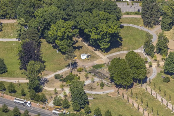 Aerial view, renovation of the park at the memorial, Bochum-Wattenscheid, Ruhr area, North Rhine-Westphalia, Germany, building, DE, monument protection, Europe, green area, green belt, aerial view, aerial photography, aerial photography, park, park area, park area memorial, sight, overview, bird's eye view, old trees, birds-eyes view, overview