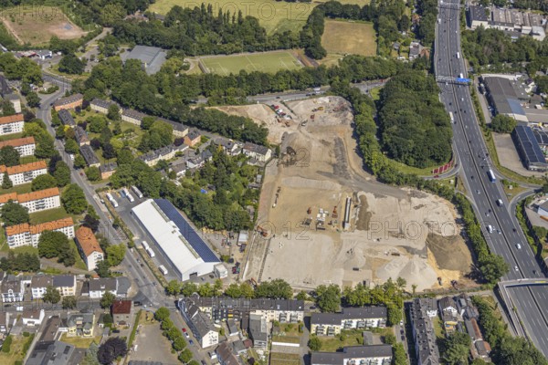 Aerial view, Berliner Straße, planned DIY store with garden centre, motorway A40, junction Wattenscheid-West, Leithe, Bochum, Ruhr area, North Rhine-Westphalia, Germany, construction work, construction area, building site, building plots, construction project, construction site, Bochum-Wattenscheid, DE, Europe, aerial view, aerial photography, aerial photography, new building, overview, bird's eye view, birds-eyes view, planned DIY store, overview