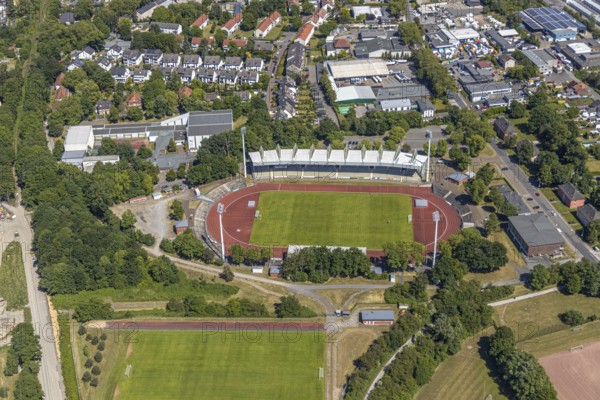 Aerial view, Lohrheidestadion, Bochum-Wattenscheid, Ruhr area, North Rhine-Westphalia, Germany, arena, DE, Europe, football pitch, football stadium, football club, aerial view, aerial photography, aerial photography, SG Wattenscheid 09, sports, sports facilities, sports field, sports venue, stadium, overview, bird's eye view, birds-eyes view, overview