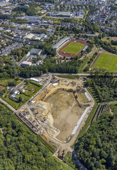 Aerial view, Lohrheidestadion, Olympic training centre Ruhr-Ost, construction site rainwater retention basin Wattenscheider Bach, Leithe, Bochum-Wattenscheid, Ruhr area, North Rhine-Westphalia, Germany, Arena, DE, Europe, football pitch, football stadium, football club, aerial view, aerial photography, aerial photography, SG Wattenscheid 09, sports, sports facilities, sports field, sports facility, stadium, overview, bird's-eye view, overview
