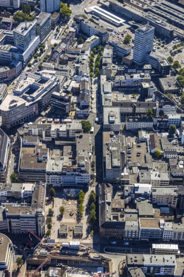 Aerial view, pedestrian zone Huestraße, old justice area, Viktoriastraße, Gleisdreieck, Bochum, Ruhr area, North Rhine-Westphalia, Germany, DE, Europe, birds-eyes view, aerial photograph, aerial photography, aerial photography, overview, overview, bird's eye view, urban planning, reconstruction measures, construction site, overplanning