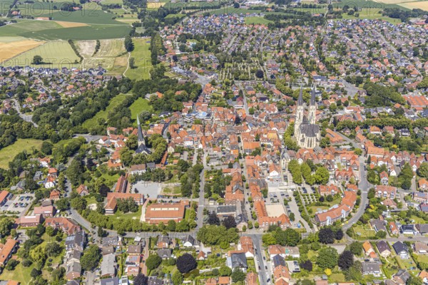 Aerial view, Cathedral of St. Ludgerus Billerbeck, parish church of St. Johann, town centre, Billerbeck, Münsterland, North Rhine-Westphalia, Germany, place of worship, education, educational institution, DE, cathedral, Domgasse, Europe, religious community, primary school, property tax, hall church, holy place, real estate, Kath. pilgrimage church, cathedral, church, parish, denomination, educational institute, aerial view, aerial photography, aerial photography, local view, provost church St. Ludgerus, transept, religion, religious site, school, townscape, city centre, overview, bird's-eye view, landmark, residential area, living and life, residential area, residential buildings, residential quality, housing estate, birds-eyes view, historical, overview