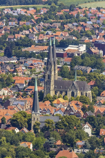 Aerial view, city centre view, Dom St. Ludgerus Billerbeck, parish church St. Johann, Billerbeck, Münsterland, North Rhine-Westphalia, Germany, place of worship, DE, cathedral, Domgasse, Europe, religious community, property tax, hall church, holy place, real estate, Johanniskirche, Johanniskirchplatz, Kath. pilgrimage church, cathedral, church, parish, denomination, aerial view, aerial photography, aerial photography, town view, town centre, Propsteikirche St. Ludgerus, transept, religion, religious site, townscape, urban area, city centre, overview, bird's-eye view, landmark, residential area, living and life, residential area, residential buildings, residential quality, housing estate, birds-eyes view, historical, overview
