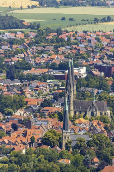Aerial view, city centre view, Dom St. Ludgerus Billerbeck, parish church St. Johann, Billerbeck, Münsterland, North Rhine-Westphalia, Germany, place of worship, DE, cathedral, Domgasse, Europe, religious community, property tax, hall church, holy place, real estate, Johanniskirche, Johanniskirchplatz, Kath. pilgrimage church, cathedral, church, parish, denomination, aerial view, aerial photography, aerial photography, town view, town centre, Propsteikirche St. Ludgerus, transept, religion, religious site, townscape, urban area, city centre, overview, bird's-eye view, landmark, residential area, living and life, residential area, residential buildings, residential quality, housing estate, birds-eyes view, historical, overview