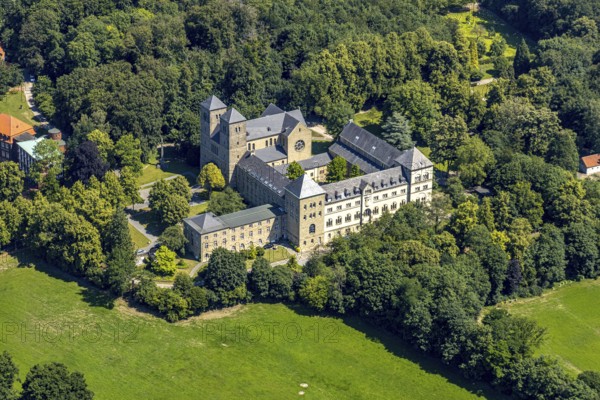 Aerial view, Benedictine Abbey Gerleve, Gerleve, Billerbeck, Münsterland, North Rhine-Westphalia, Germany, Gerleve Abbey, abbey church, Benedictine monastery, DE, Europe, monastery, aerial view, aerial photography, aerial photography, overview, bird's-eye view, forest area, meadows and fields, birds-eyes view, overview