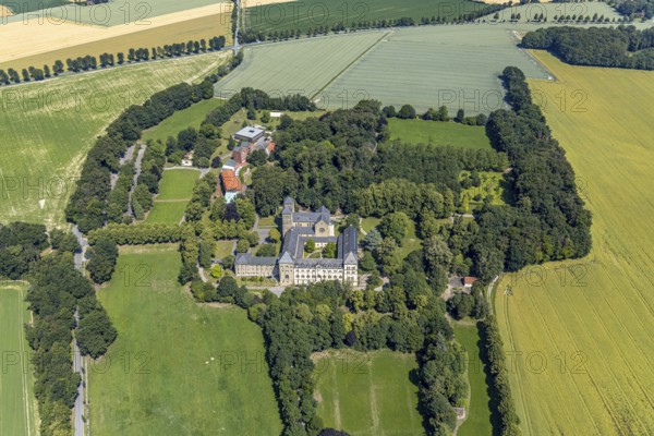 Aerial view, Benedictine Abbey Gerleve, Haus Ludgerirast educational institution, Gerleve, Billerbeck, Münsterland, North Rhine-Westphalia, Germany, Gerleve Abbey, abbey church, Benedictine monastery, DE, Europe, monastery, aerial view, aerial photography, aerial photography, overview, bird's-eye view, forest area, meadows and fields, birds-eyes view, overview