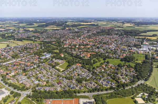 Aerial view, local view, Cathedral St. Ludgerus Billerbeck, parish church St. Johann, Billerbeck, Münsterland, North Rhine-Westphalia, Germany, place of worship, DE, Europe, religious community, place of worship, property tax, real estate, church, parish, denomination, aerial view, aerial photography, aerial photography, Propsteikirche St. Ludgerus, religion, religious site, townscape, urban area, overview, bird's-eye view, residential area, housing and living, residential area, residential buildings, residential quality, residential neighbourhood, housing estate, birds-eyes view, overview