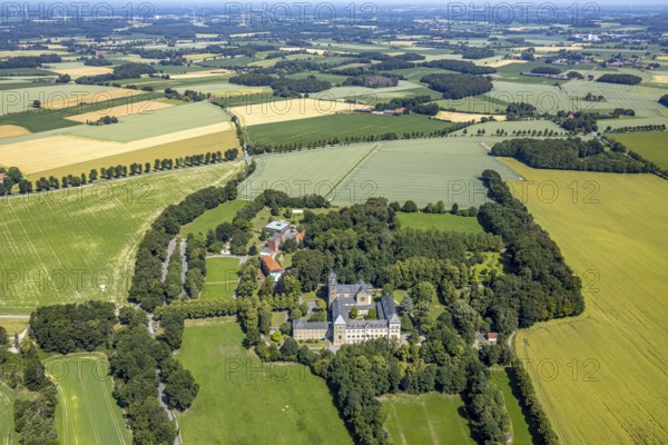Aerial view, Benedictine Abbey Gerleve, Haus Ludgerirast educational institution, Gerleve, Billerbeck, Münsterland, North Rhine-Westphalia, Germany, Gerleve Abbey, abbey church, Benedictine monastery, DE, Europe, monastery, aerial view, aerial photography, aerial photography, overview, bird's-eye view, forest area, meadows and fields, birds-eyes view, overview