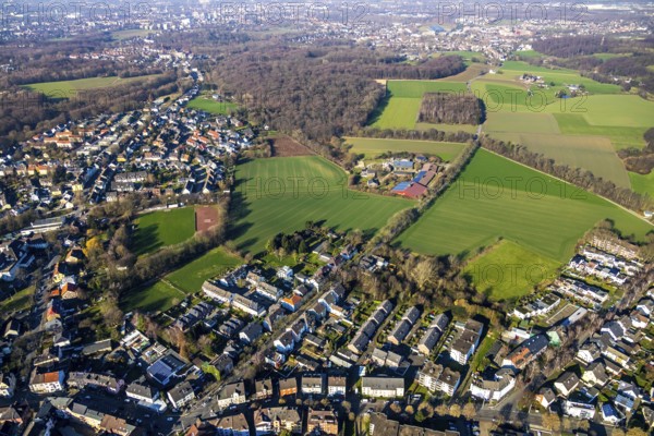 Aerial view, Am Hillerberg sports ground, Ballspielverein Hiltrop 1912 e.V., Landwirtschaftlicher Betrieb Heiermann Ferkelaufzucht KG, Gerther Straße, Bochum, Ruhr area, North Rhine-Westphalia, Germany, Am Hillerberg, DE, Europe, piglet breeding, football pitch, football club, property tax, real estate, agricultural business, farm, aerial view, aerial photography, aerial photography, sports, sports facilities, sports field, sports facility, animal breeding, overview, bird's-eye view, meadows and fields, housing and living, residential area, residential buildings, housing quality, residential neighbourhood, housing estate, birds-eyes view, overview