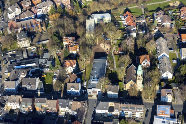 Aerial view, Evang. Christuskirche, new building day-care centre Bethanien, Lothringer Straße, Gerthe, Bochum, Ruhr area, North Rhine-Westphalia, Germany, DE, Europe, faith community, place of worship, kindergarten, church, parish, aerial view, aerial photography, aerial photography, religion, overview, bird's-eye view, overview