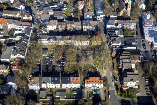 Aerial view, Gether Markt, rope disc Lothringen colliery, Gerthe, Bochum, Ruhr area, North Rhine-Westphalia, Germany, Brandenbuschstraße, DE, shopping centre, Europe, property tax, real estate, aerial view, aerial photography, aerial photography, market, marketplace, landmark, Turmstraße, overview, bird's eye view, residential area, residential buildings, housing estate, birds-eyes view, former Lothringen colliery site, overview
