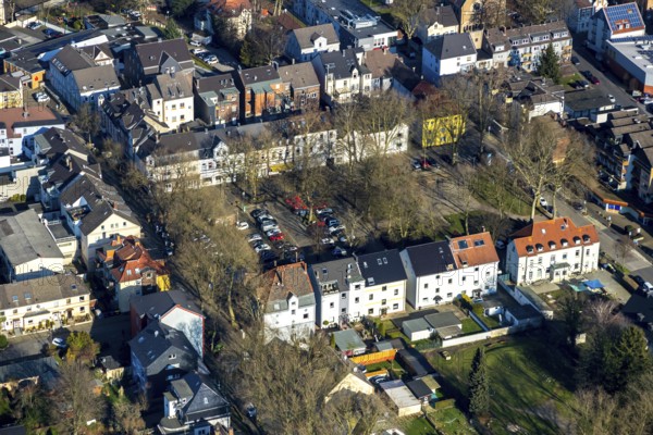 Aerial view, Gether Markt, rope disc Lothringen colliery, Gerthe, Bochum, Ruhr area, North Rhine-Westphalia, Germany, Brandenbuschstraße, DE, shopping centre, Europe, property tax, real estate, aerial view, aerial photography, aerial photography, market, marketplace, landmark, Turmstraße, overview, bird's eye view, residential area, residential buildings, housing estate, birds-eyes view, former Lothringen colliery site, overview