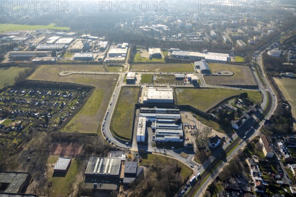 Aerial view, construction site, new building, industrial estate Gewerbepark Gerthe Süd, An der Salzstraße, Am Hellweg, Gerthe, Bochum, Ruhr area, North Rhine-Westphalia, Germany, DE, Europe, commercial area, industrial estate, commercial park, commercial use, allotment garden site, allotment garden association, allotment garden association Friedlicher Nachbar Bochum-Gerthe, allotment garden association, aerial view, aerial photography, aerial photography, production plants, allotment garden, overview, bird's eye view, birds-eyes view, overview