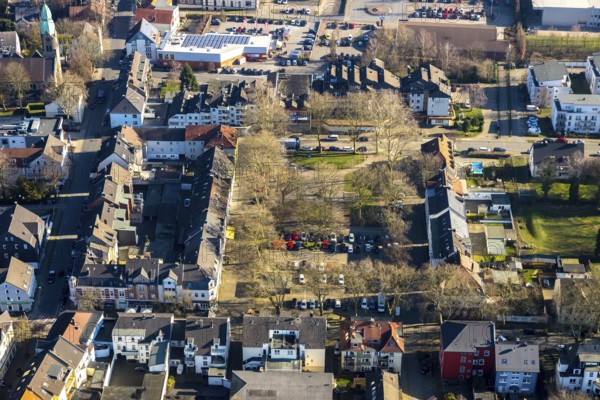 Aerial view, Gether Markt, rope disc Lothringen colliery, Gerthe, Bochum, Ruhr area, North Rhine-Westphalia, Germany, Brandenbuschstraße, DE, shopping centre, Europe, property tax, real estate, aerial view, aerial photography, aerial photography, market, marketplace, landmark, Turmstraße, overview, bird's eye view, residential area, residential buildings, housing estate, birds-eyes view, former Lothringen colliery site, overview