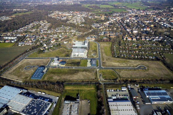 Aerial view, construction site, new building, industrial estate Gewerbepark Gerthe Süd, An der Salzstraße, Am Hellweg, Gerthe, Bochum, Ruhr area, North Rhine-Westphalia, Germany, DE, Europe, commercial area, industrial estate, commercial park, commercial use, allotment garden site, allotment garden association, allotment garden association Friedlicher Nachbar Bochum-Gerthe, allotment garden association, aerial view, aerial photography, aerial photography, production plants, allotment garden, overview, bird's eye view, birds-eyes view, overview