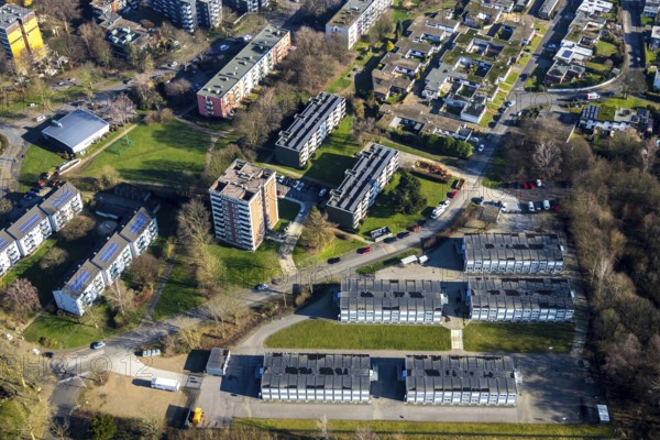 Aerial view, refugee accommodation Am Nordbad, Bochum, Ruhr area, North Rhine-Westphalia, Germany, DE, Europe, property tax, high-rise buildings, real estate, aerial view, aerial photography, aerial photography, overview, bird's-eye view, residential complex, residential container, housing and living, residential area, residential buildings, residential neighbourhood, housing estate, birds-eyes view, overview