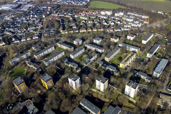 Aerial view, residential area, Bochum North, high-rise buildings Händelstraße, Bochum, Ruhr area, North Rhine-Westphalia, Germany, DE, Europe, property tax, high-rise buildings, real estate, aerial photography, aerial photography, overview, bird's-eye view, residential area, housing and living, residential buildings, residential neighbourhood, housing estate, birds-eyes view, overview