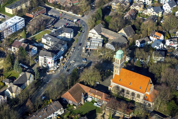 Aerial view, Church of the Redeemer Bochum-Hiltrop, Protestant Kindergarten at the Hiltrop Church, Bochum, Ruhr area, North Rhine-Westphalia, Germany, DE, Church of the Redeemer, Europe, religious community, place of worship, kindergarten, church, parish, denomination, aerial photography, aerial photography, aerial photography, religion, overview, bird's-eye view, overview