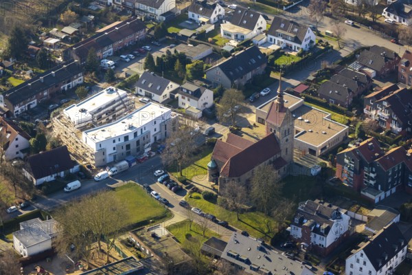 Aerial view, construction site, new residential complex Kattenstraße, for assisted living, Sankt Vinzentius church, Harpen, Bochum, Ruhr area, North Rhine-Westphalia, Germany, DE, Diakonie Ruhr GmbH, Europe, aerial view, aerial photography, aerial photography, overview, bird's-eye view, living and life, residential buildings, assisted living, birds-eyes view, overview