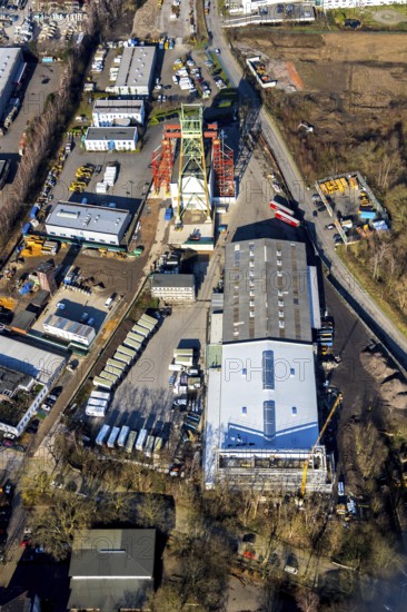 Aerial view, former Robert Müser colliery, winding tower, Werne, Bochum, Ruhr area, North Rhine-Westphalia, Germany, mine, DE, Europe, commercial area, commercial use, industrial area, industrial site, aerial photograph, aerial photography, aerial photography, production plants, production halls, coal mine, overview, bird's-eye view, Von-Waldthausen-Straße, Robert Müser colliery, birds-eyes view, overview