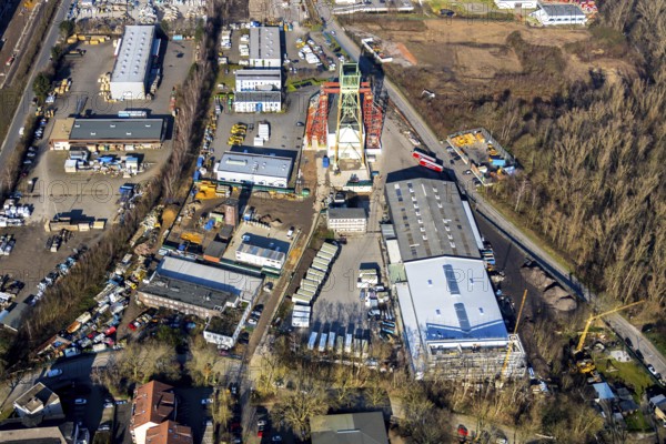 Aerial view, former Robert Müser colliery, winding tower, Werne, Bochum, Ruhr area, North Rhine-Westphalia, Germany, mine, DE, Europe, commercial area, commercial use, industrial area, industrial site, aerial photograph, aerial photography, aerial photography, production plants, production halls, coal mine, overview, bird's-eye view, Von-Waldthausen-Straße, Robert Müser colliery, birds-eyes view, overview