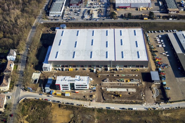 Aerial view, construction site new building BROCK Kehrtechnik GmbH, company headquarters, production site, Arnoldschacht, Werne, Bochum, Ruhr area, North Rhine-Westphalia, Germany, construction work, construction area, construction site, building plots, construction project, construction site, DE, development, Europe, commercial area, commercial area, commercial use, industrial site, capacity requirements, aerial view, aerial photography, aerial photography, new construction, overview, bird's-eye view, former coking plant site Robert Müser, overview