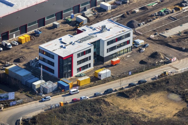 Aerial view, construction site new building BROCK Kehrtechnik GmbH, company headquarters, production site, Arnoldschacht, Werne, Bochum, Ruhr area, North Rhine-Westphalia, Germany, construction work, construction area, construction site, building plots, construction project, construction site, DE, development, Europe, commercial area, commercial area, commercial use, industrial site, capacity requirements, aerial view, aerial photography, aerial photography, new construction, overview, bird's-eye view, former coking plant site Robert Müser, overview