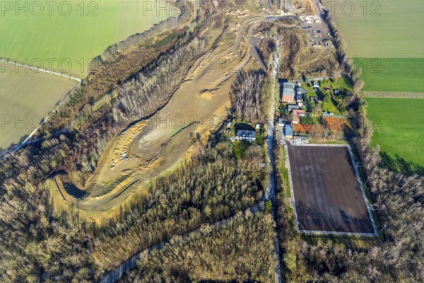 Aerial view, construction site Harpener Bach, football ground SC Werne 02 e.V. - Platz Amalia, Harpener Hellweg, Werne, Bochum, Ruhr area, North Rhine-Westphalia, Germany, construction, construction area, construction site, DE, development, Europe, aerial view, aerial photography, aerial photography, overview, bird's-eye view, meadows and fields, birds-eyes view, overview