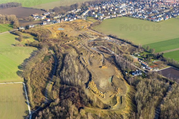 Aerial view, construction site Harpener Bach, Harpener Hellweg, Werne, Bochum, Ruhr area, North Rhine-Westphalia, Germany, construction, construction area, construction site, DE, development, Europe, aerial view, aerial photography, aerial photography, overview, bird's-eye view, meadows and fields, birds-eyes view, overview