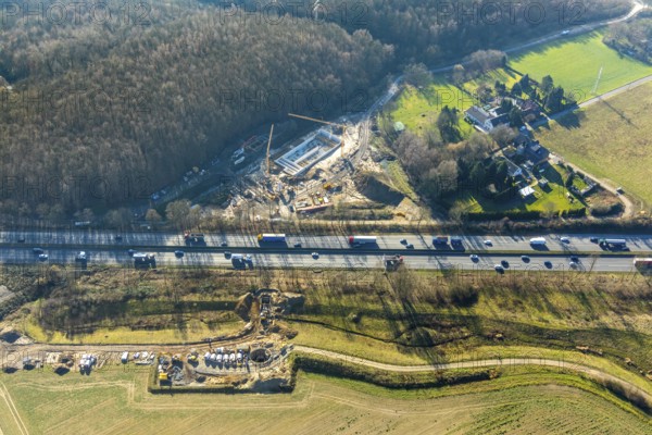 Aerial view, construction site Harpener Bach, Auf dem Sporkel, motorway A40, Bochum, Ruhr area, North Rhine-Westphalia, Germany, construction work, construction vehicles, construction area, construction site, building plots, construction crane, construction measure, construction project, construction site, DE, development, Europe, capacity requirements, aerial view, aerial photography, aerial photography, new construction, overview, bird's-eye view, bird's-eye view, overview