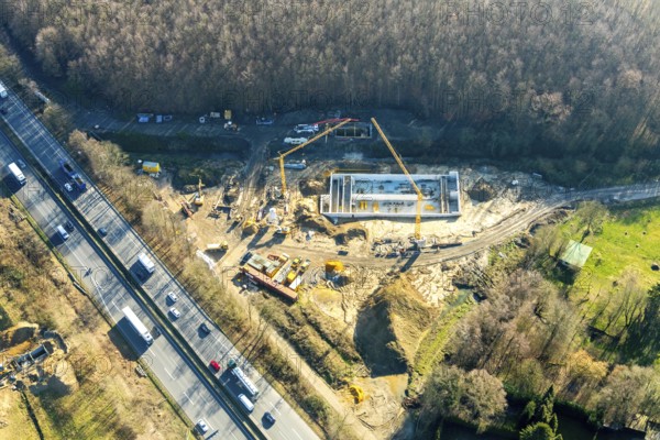 Aerial view, construction site Harpener Bach, Auf dem Sporkel, motorway A40, Bochum, Ruhr area, North Rhine-Westphalia, Germany, construction work, construction vehicles, construction area, construction site, building plots, construction crane, construction measure, construction project, construction site, DE, development, Europe, capacity requirements, aerial view, aerial photography, aerial photography, new construction, overview, bird's-eye view, bird's-eye view, overview