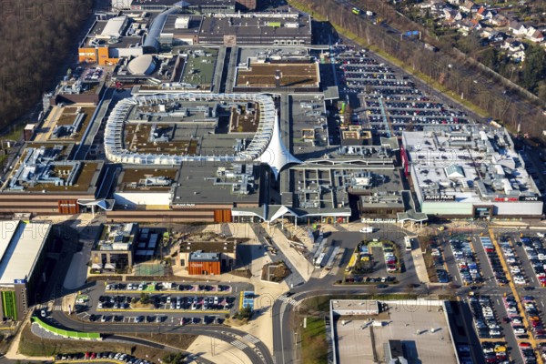 Aerial view, Ruhrpark Bochum, shopping centre, Harpen, Bochum, Ruhr area, North Rhine-Westphalia, Germany, DE, shopping centre, shopping mall, shopping mile, shopping markets, shopping plaza, Europe, aerial view, aerial photography, aerial photography, parking, overview, bird's eye view, birds-eyes view, overview