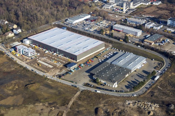 Aerial view, construction site new building BROCK Kehrtechnik GmbH, company headquarters, production site, Arnoldschacht, Werne, Bochum, Ruhr area, North Rhine-Westphalia, Germany, construction work, construction area, construction site, building plots, construction project, construction site, DE, development, Europe, commercial area, commercial area, commercial use, industrial site, capacity requirements, aerial view, aerial photography, aerial photography, new construction, overview, bird's-eye view, former coking plant site Robert Müser, overview