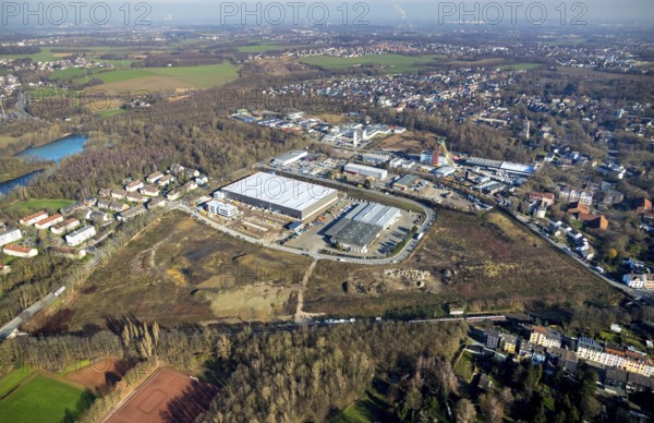 Aerial view, construction site new building BROCK Kehrtechnik GmbH, company headquarters, production site, Arnoldschacht, Werne, Bochum, Ruhr area, North Rhine-Westphalia, Germany, construction work, construction area, construction site, building plots, construction project, construction site, DE, development, Europe, commercial area, commercial area, commercial use, industrial site, capacity requirements, aerial view, aerial photography, aerial photography, new construction, overview, bird's-eye view, former coking plant site Robert Müser, overview