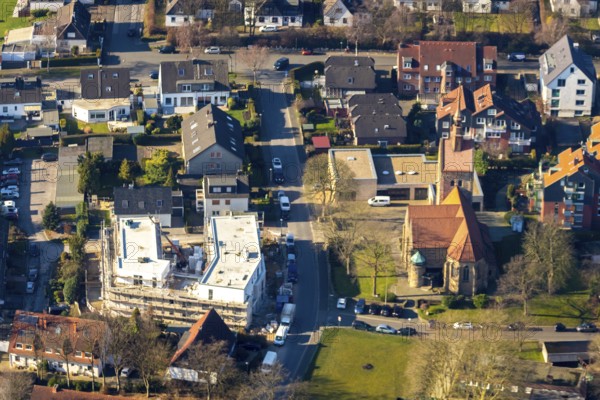 Aerial view, construction site, new residential complex Kattenstraße, for assisted living, Sankt Vinzentius church, Harpen, Bochum, Ruhr area, North Rhine-Westphalia, Germany, DE, Diakonie Ruhr GmbH, Europe, aerial view, aerial photography, aerial photography, overview, bird's-eye view, living and life, residential buildings, assisted living, birds-eyes view, overview