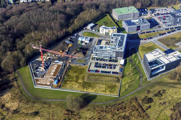 Aerial view, health campus south, construction site, Querenburg, Bochum, Ruhr area, North Rhine-Westphalia, Germany, DE, Europe, health campus, health science, commercial area, commercial park, commercial use, aerial photograph, aerial photography, aerial photography, overview, bird's-eye view, overview