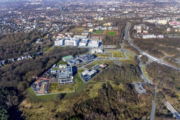 Aerial view, Health Campus North and Health Campus South, construction site, Querenburg, Bochum, Ruhr area, North Rhine-Westphalia, Germany, AKAFÖ student residence Grimberg, DE, Europe, Health Campus, Health Campus North, health science, commercial area, commercial park, commercial use, North Rhine-Westphalia Health Centre, aerial view, aerial photography, aerial photography, Markstraße sports facility, overview, Universitätsstraße, bird's-eye view, forest area, residential area, birds-eyes view, overview