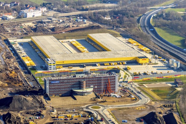 Aerial view, MARK 51Â°7 industrial estate, new construction DHL logistics parcel centre, former Opel site, Laer district, Bochum, Ruhr area, North Rhine-Westphalia, Germany, expansion areas, A448 motorway, construction, construction area, construction site, construction project, construction site, DEU, DHL, DHL logistics, DHL parcel centre, earthworks, Renewal, development, Europe, Mark 51/7 industrial estate, capacity requirements, logistics, aerial view, aerial photography, aerial photography, new build, Opel site, Opelring 1, overview, bird's-eye view, growth, becoming and growing, birds-eyes view, former Opel site with old administration building, overview