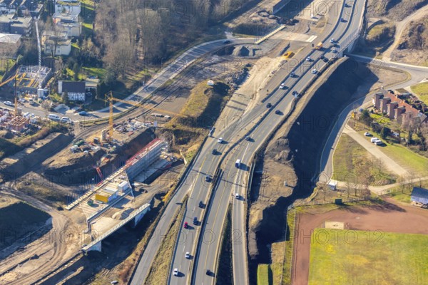 Aerial view, MARK 51Â°7 industrial estate, Nordhausen-Ring and Steinkuhlstraße, construction site, Wiemelhausen, Bochum, Ruhr area, North Rhine-Westphalia, Germany, construction work, construction area, construction site, construction crane, construction measure, construction project, DE, development, Europe, capacity requirement, aerial view, aerial photography, aerial photography, Nordhausen-Ring, road traffic, overview, traffic, bird's-eye view, overview