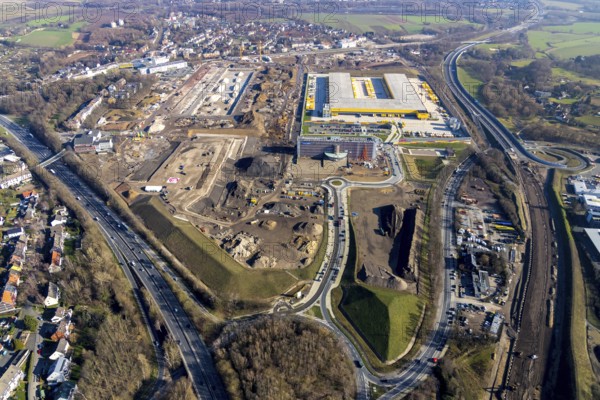 Aerial view, MARK 51Â°7 industrial estate, new construction DHL logistics parcel centre, former Opel site, Laer district, Bochum, Ruhr area, North Rhine-Westphalia, Germany, expansion areas, A448 motorway, construction, construction area, construction site, construction project, construction site, DEU, DHL, DHL logistics, DHL parcel centre, earthworks, Renewal, development, Europe, Mark 51/7 industrial estate, capacity requirements, logistics, aerial view, aerial photography, aerial photography, new build, Opel site, Opelring 1, overview, bird's-eye view, growth, becoming and growing, birds-eyes view, former Opel site with old administration building, overview