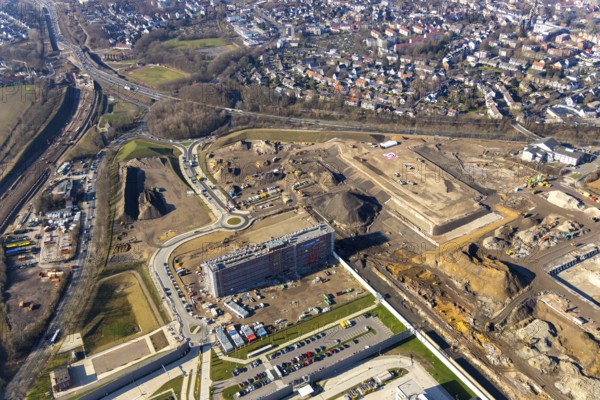 Aerial view, MARK 51Â°7 industrial estate, former Opel site with old administration building, Laer, Bochum, Ruhr area, North Rhine-Westphalia, Germany, expansion areas, construction, construction area, construction site, construction project, construction site, DEU, monument protection, earthworks, renewal, development, Europe, Mark 51/7 industrial estate, capacity requirements, roundabout, logistics, aerial view, aerial photography, aerial photography, new build, Opel site, Opelring 1, overview, administration, bird's-eye view, growth, becoming and growing, birds-eyes view, overview