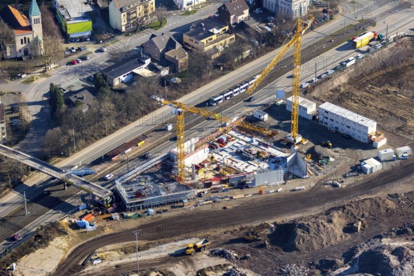 Aerial view, MARK 51Â°7 industrial estate, construction site former Opel site, Laer, Bochum, Ruhr area, North Rhine-Westphalia, Germany, expansion areas, construction, construction area, construction site, construction crane, construction project, construction site, DEU, earthworks, renewal, development, Europe, industrial estate Mark 51/7, capacity requirements, aerial view, aerial photography, aerial photography, Opel site, overview, bird's eye view, growth, becoming and growing, birds-eyes view, former Opel site, overview