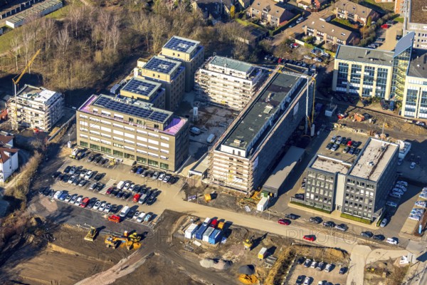 Aerial view, construction site and new building, residential area Seven Stones, Universitätsstraße, Wiemelhausen, Bochum, Ruhr area, North Rhine-Westphalia, Germany, 7 Stones, DEU, Europe, real estate, aerial view, aerial photography, aerial photography, Seven Stones, overview, bird's-eye view, residential complex, living and life, residential buildings, residential area Seven Stones Bochum, housing estate, housing shortage, birds-eyes view, overview
